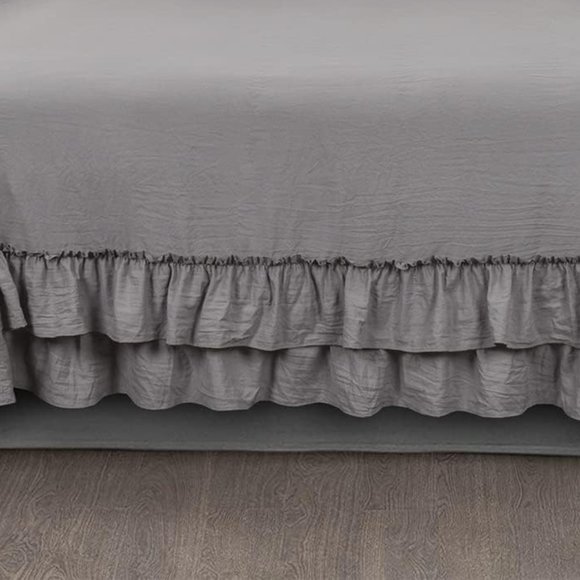 King Size Bed Comforter Set Grey Neutral Stone Washed Shabby Chic Ruffle Bedding - Picture 11 of 11